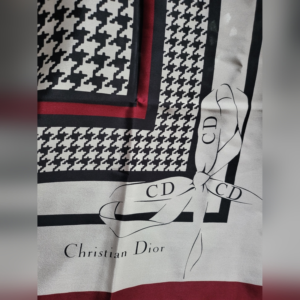 Christian Dior Black and White Houndstooth Silk Scarf with Red Accents - Picture 3 of 3